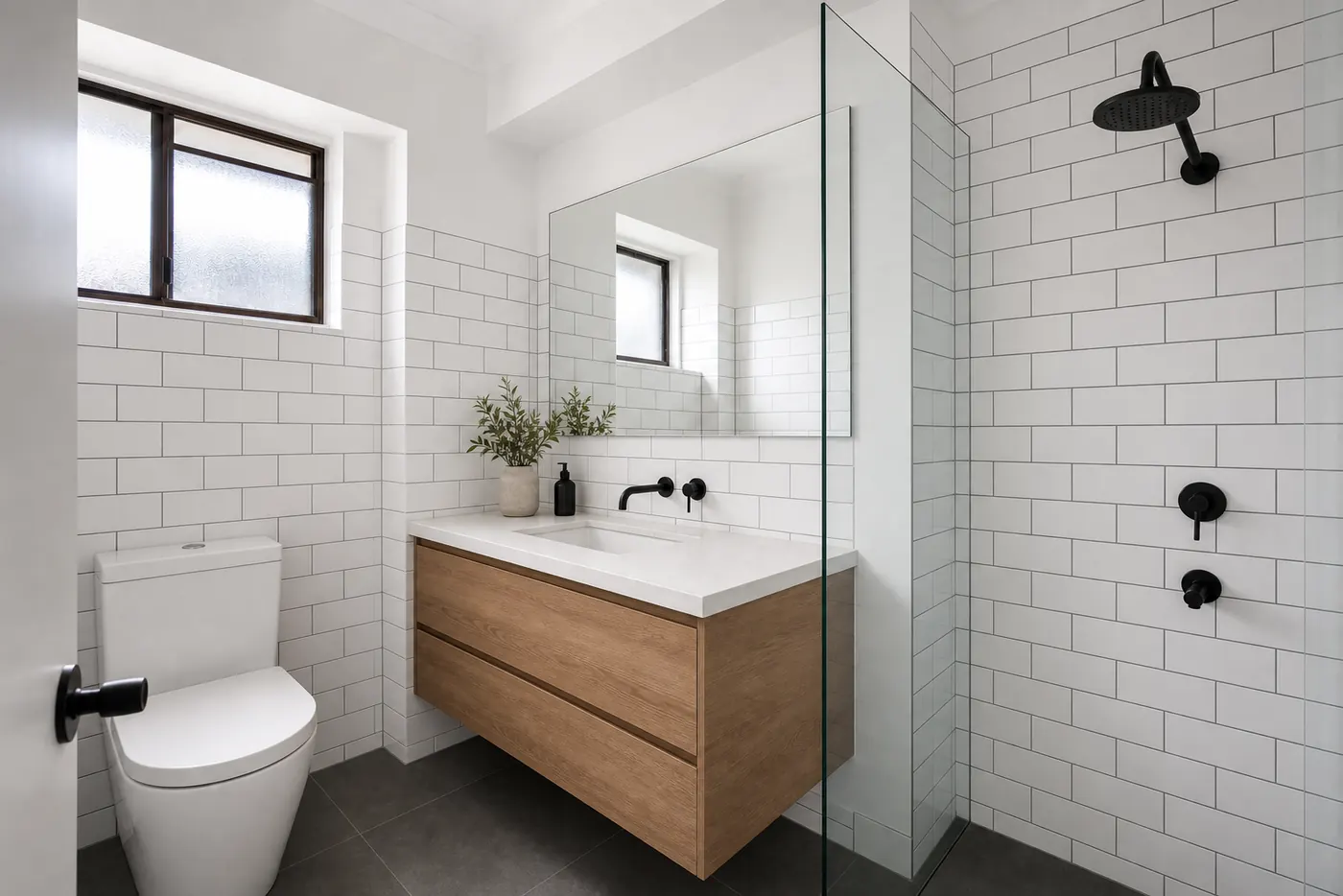 The same ensuite after the renovation: white subway tiles, a floating timber vanity with a stone top, matte black tapware and a frameless shower screen.