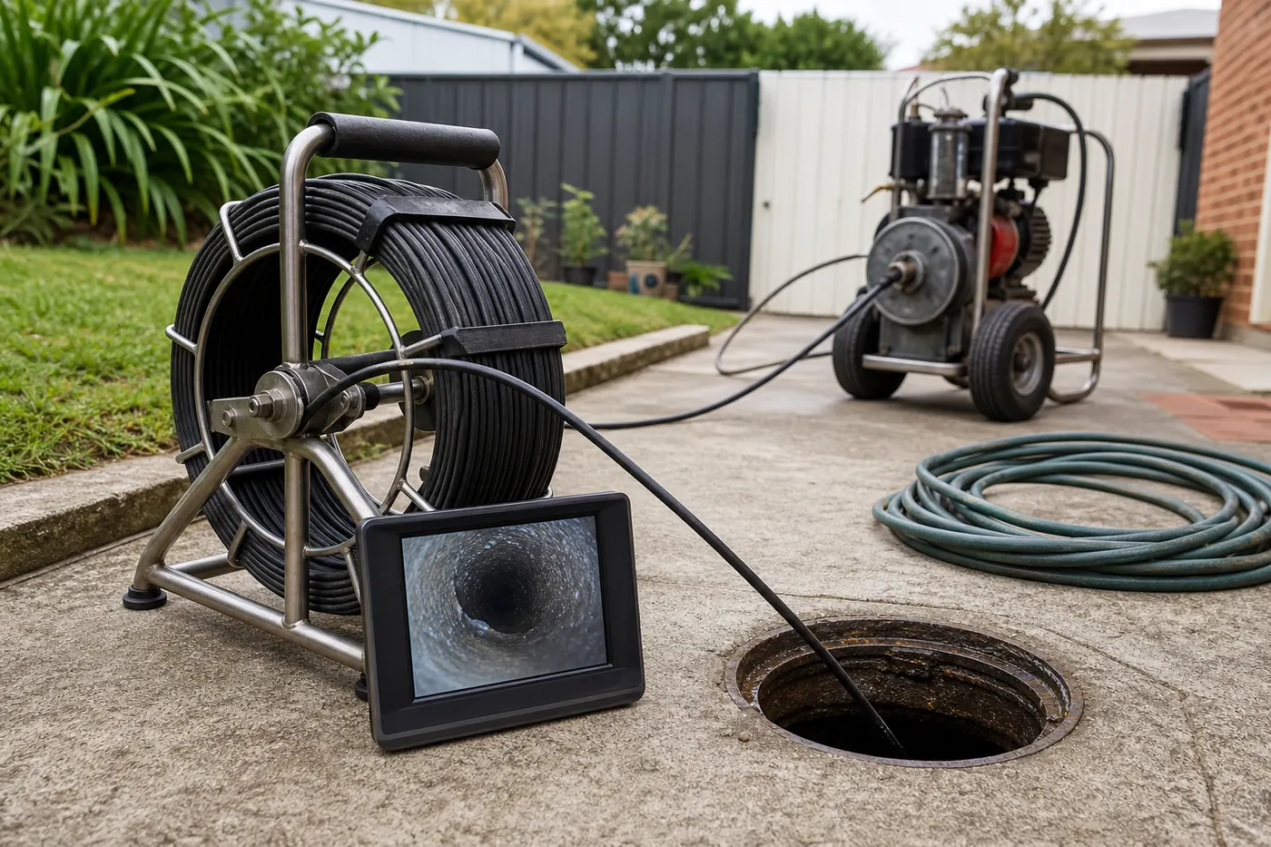 Drain camera reel and monitor set up beside an open inspection point, showing the inside of the pipe on screen.