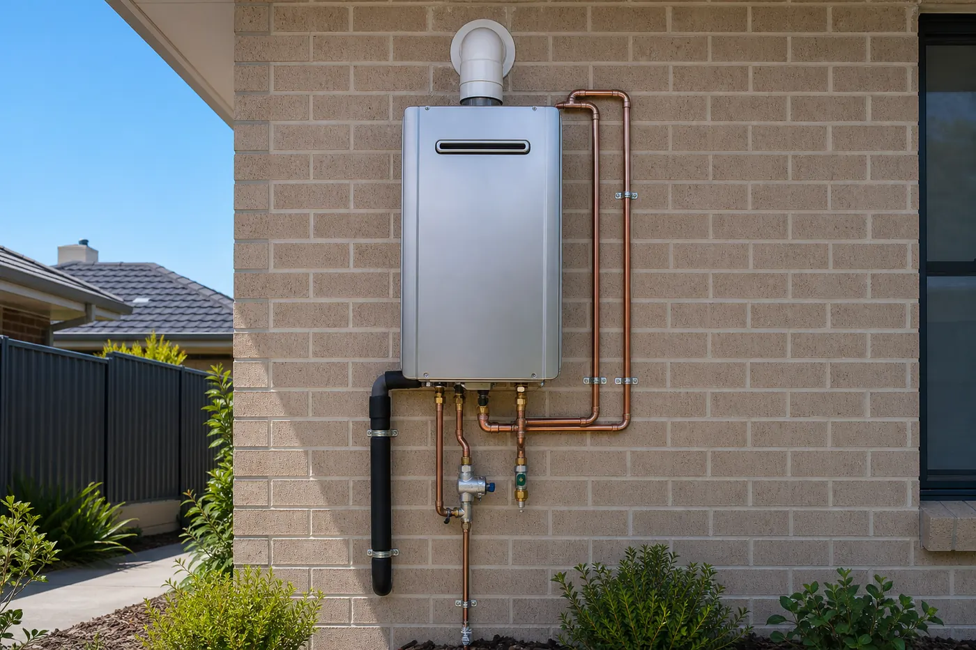 A newly installed stainless steel hot water unit on a brick wall with tidy copper pipework and a tempering valve.