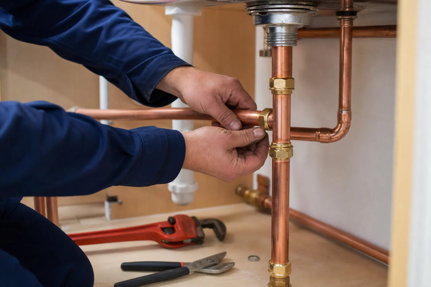 Close up of new copper pipework being fitted under a kitchen sink, with compression fittings and a pipe wrench alongside.